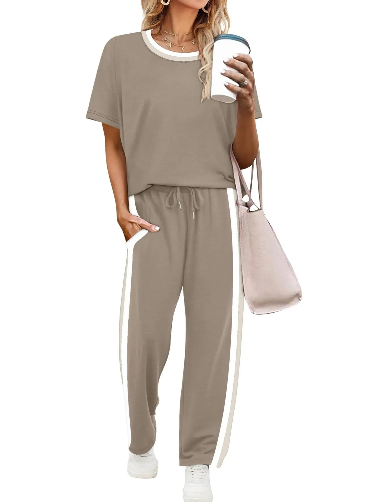 Women's Round Neck Tee & Drawstring Trousers Matching Set