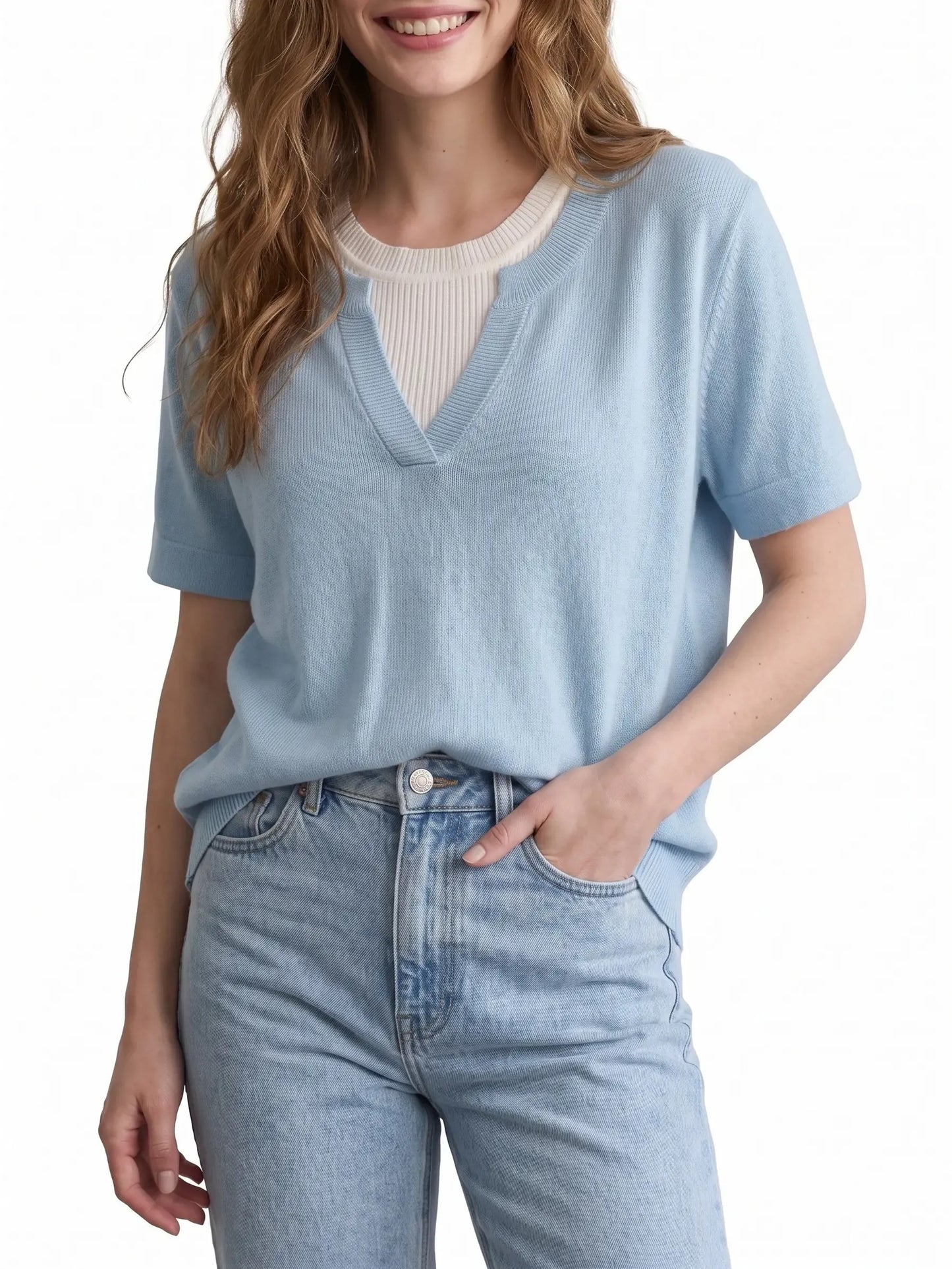 Women's Everyday Contrast Trim V Neck Knit Short Sleeve Blouse