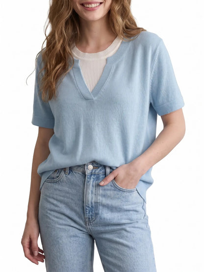 Women's Everyday Contrast Trim V Neck Knit Short Sleeve Blouse