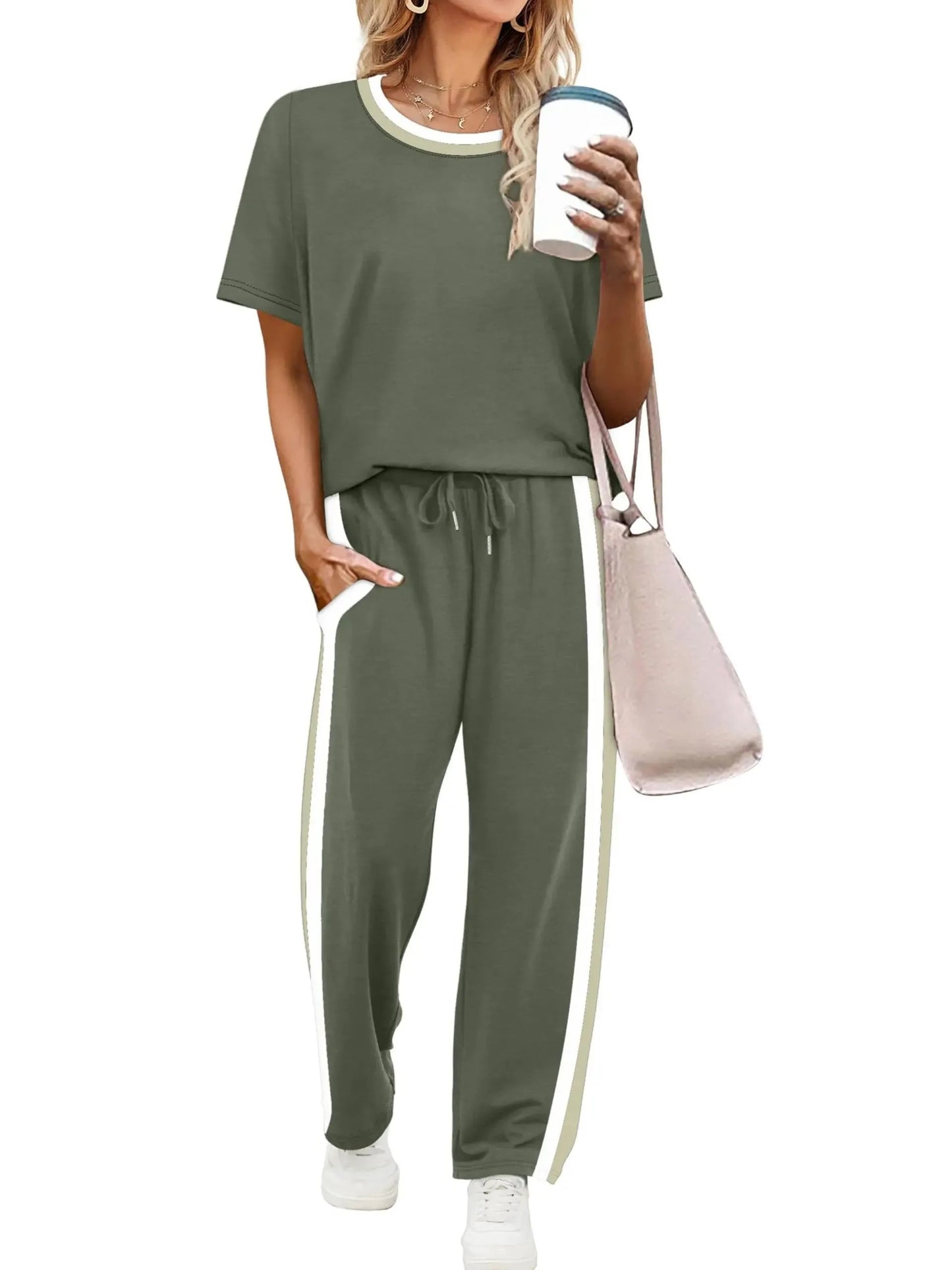 Women's Round Neck Tee & Drawstring Trousers Matching Set