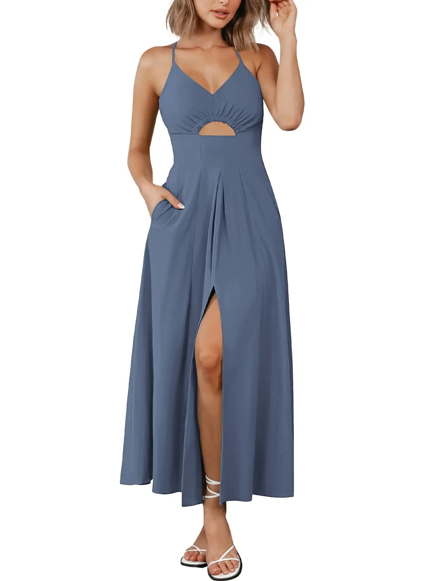 Women's Sleeveless V-Neck Cutout Cami Slit Maxi Dress