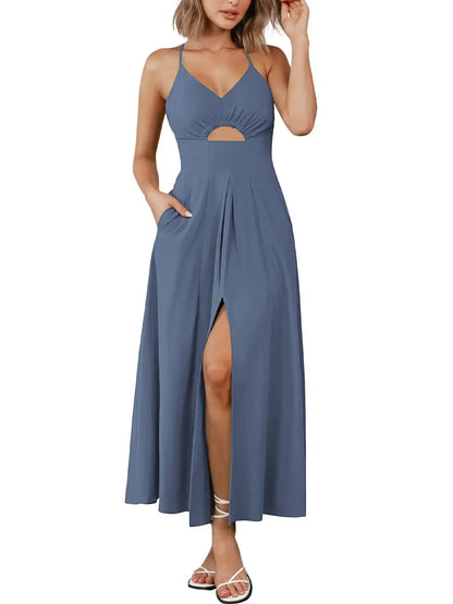 Women's Sleeveless V-Neck Cutout Cami Slit Maxi Dress