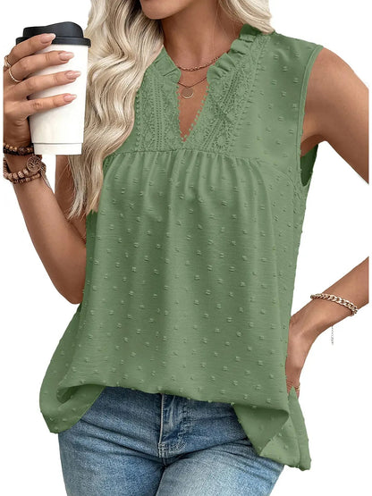 Women's Summer Ruffled Collar Swiss Dot Sleeveless Blouse