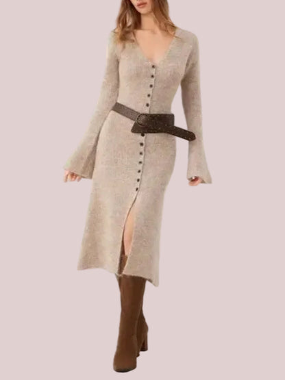 Women's V Neck Flare Sleeve Button Front Knit Midi Dress