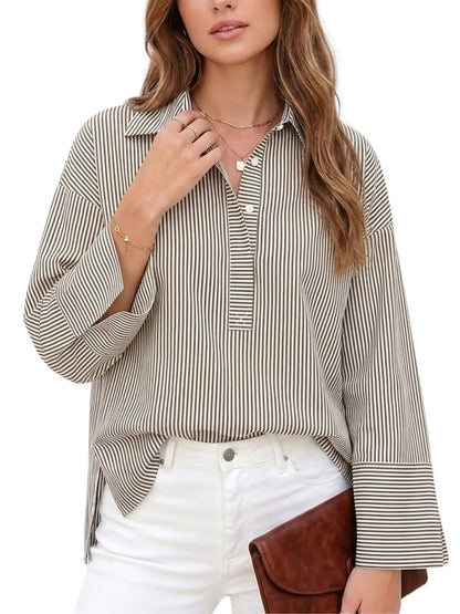 Women's Half Button Down Striped Blouse