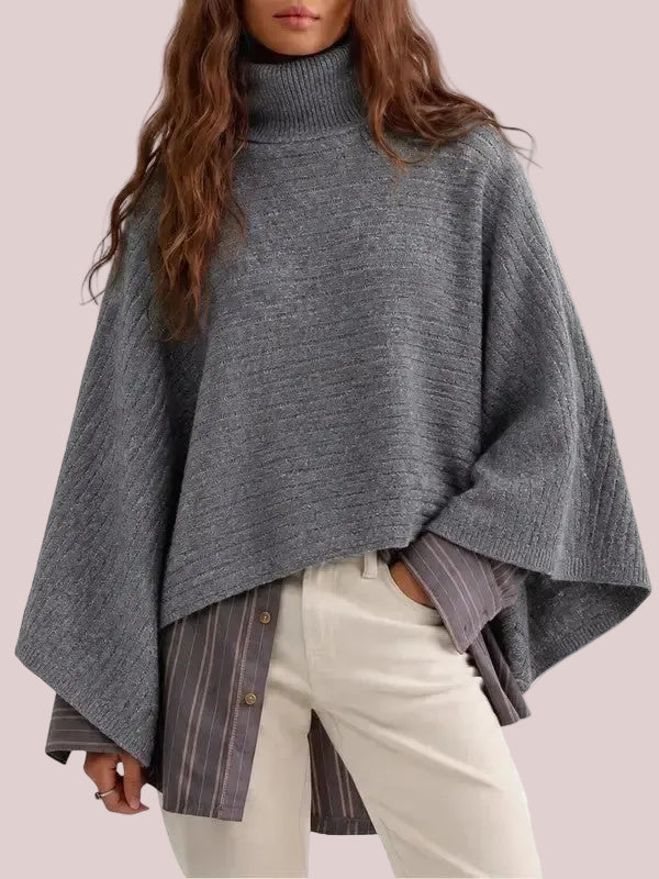 Women's Turtleneck Batwing Sleeve Knit Poncho Sweater