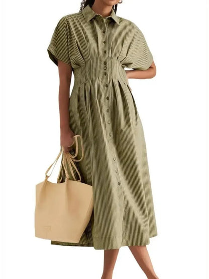 Women's Minimalist Striped Waist-Tucked Shirt Dress