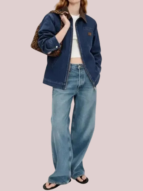 Women's Vintage Contrast Collar Zip Up Jacket
