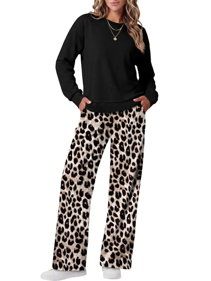 Women's Two-Piece Loungewear Set with Crew Neck Top & Printed Pants
