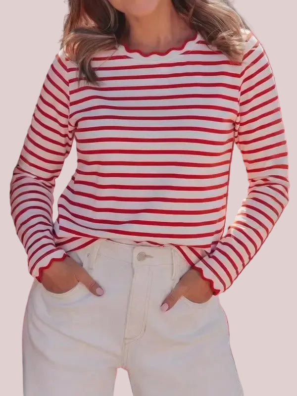 Women's Scallop Trim Striped Long Sleeve Top