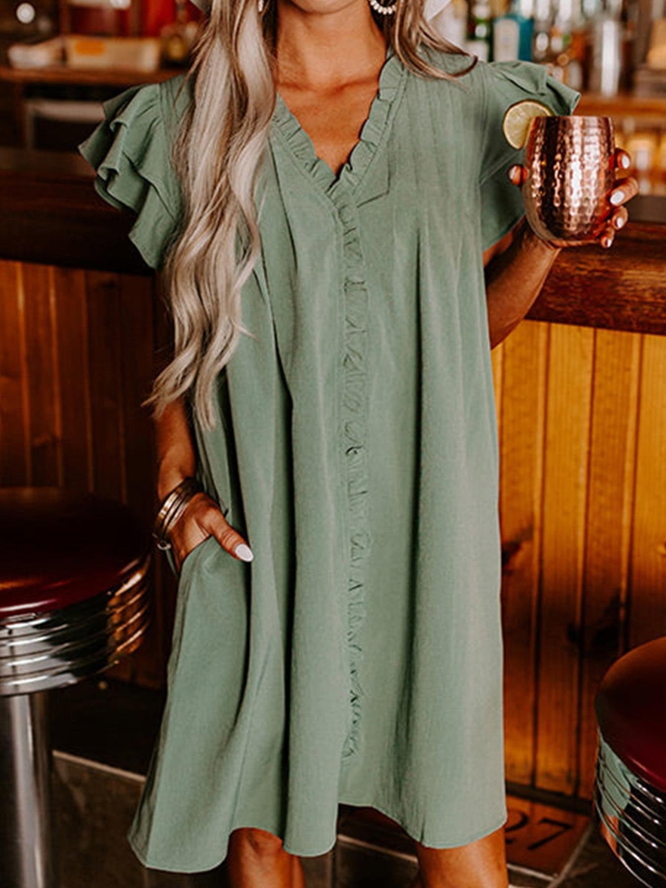 Women's Lightweight Frill Edge Flutter Sleeve Loose Casual Vacation Dress