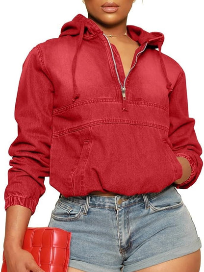 Women's Half Zip Denim Pullover Hoodie With Pockets