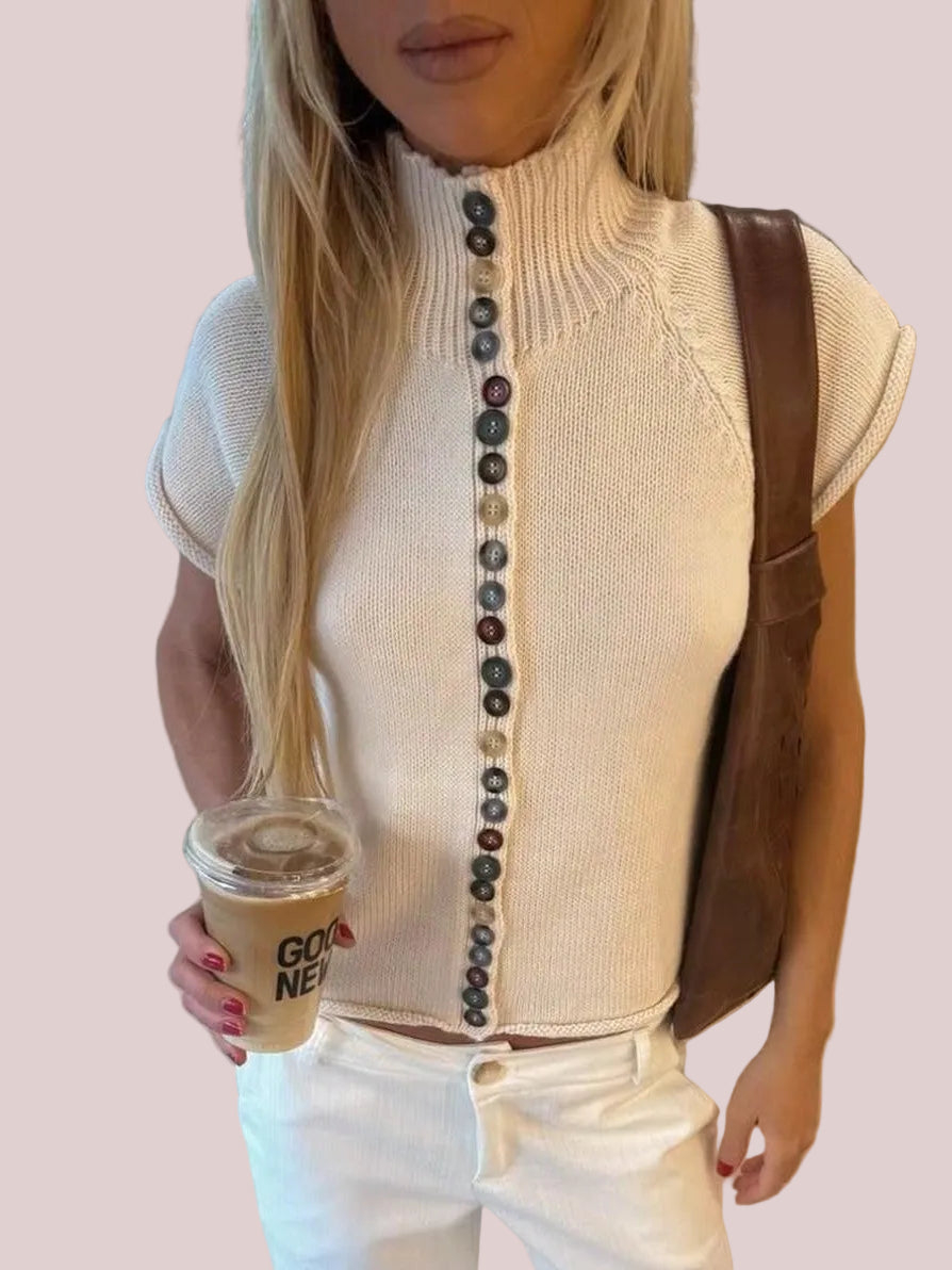 Women's Vintage Multi-Button Short Sleeve Knit Sweater