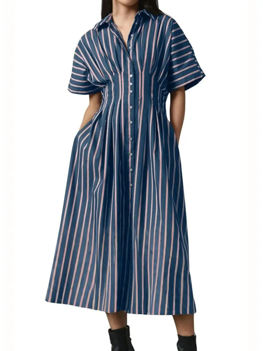 Women's Minimalist Striped Waist-Tucked Shirt Dress