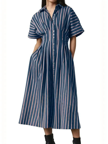 Women's Minimalist Striped Waist-Tucked Shirt Dress