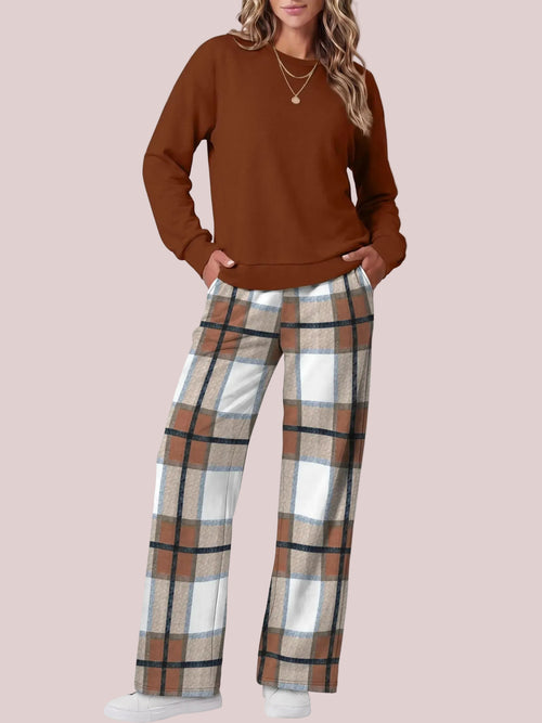 Women's Two-Piece Set with Crew Neck Top & Printed Pants