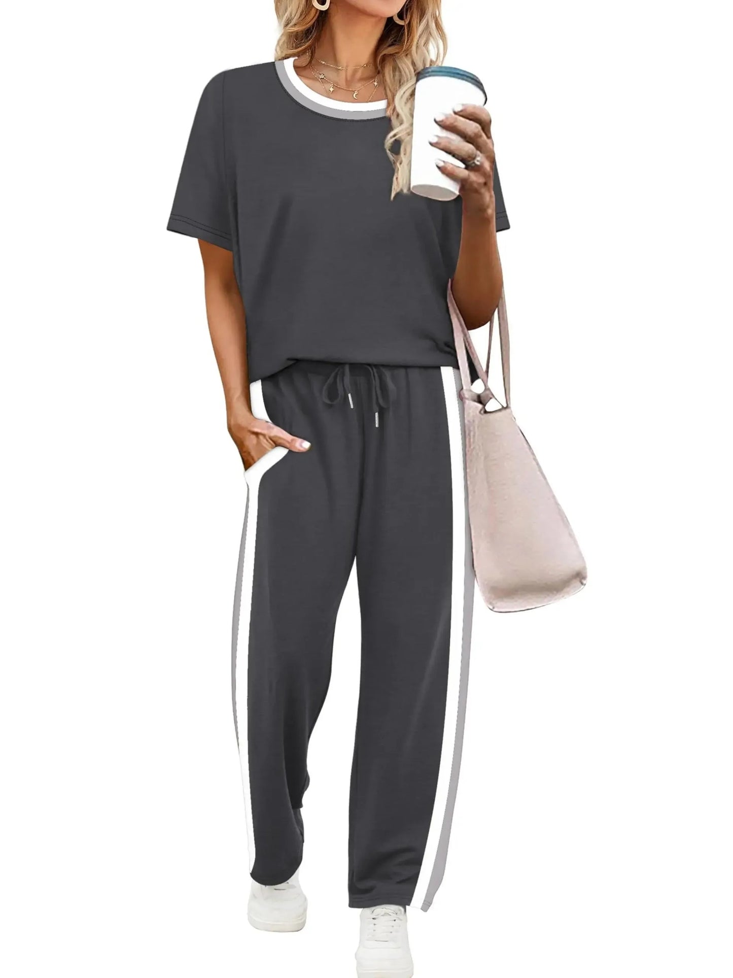 Women's Round Neck Tee & Drawstring Trousers Matching Set