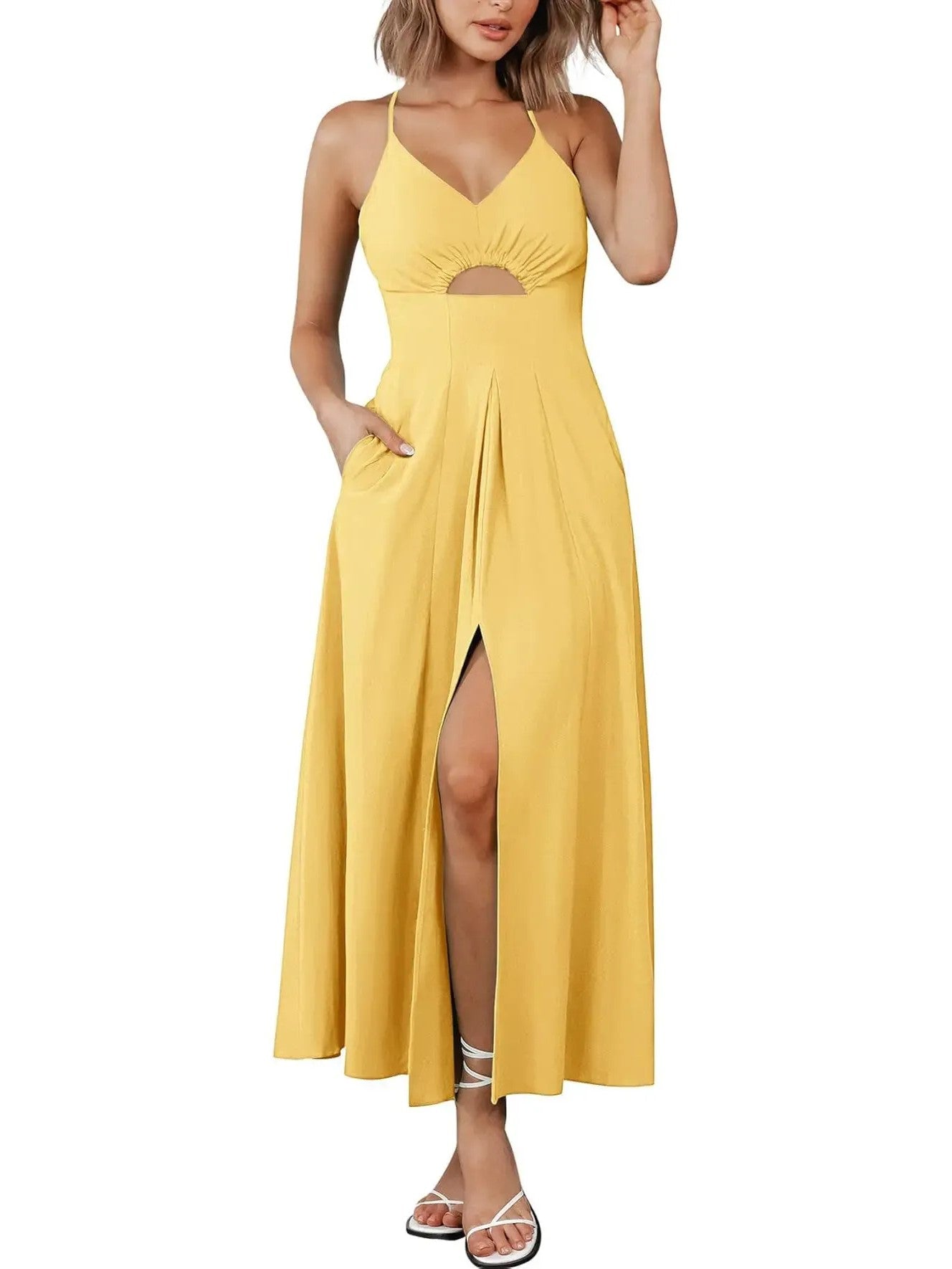 Women's Sleeveless V-Neck Cutout Cami Slit Maxi Dress
