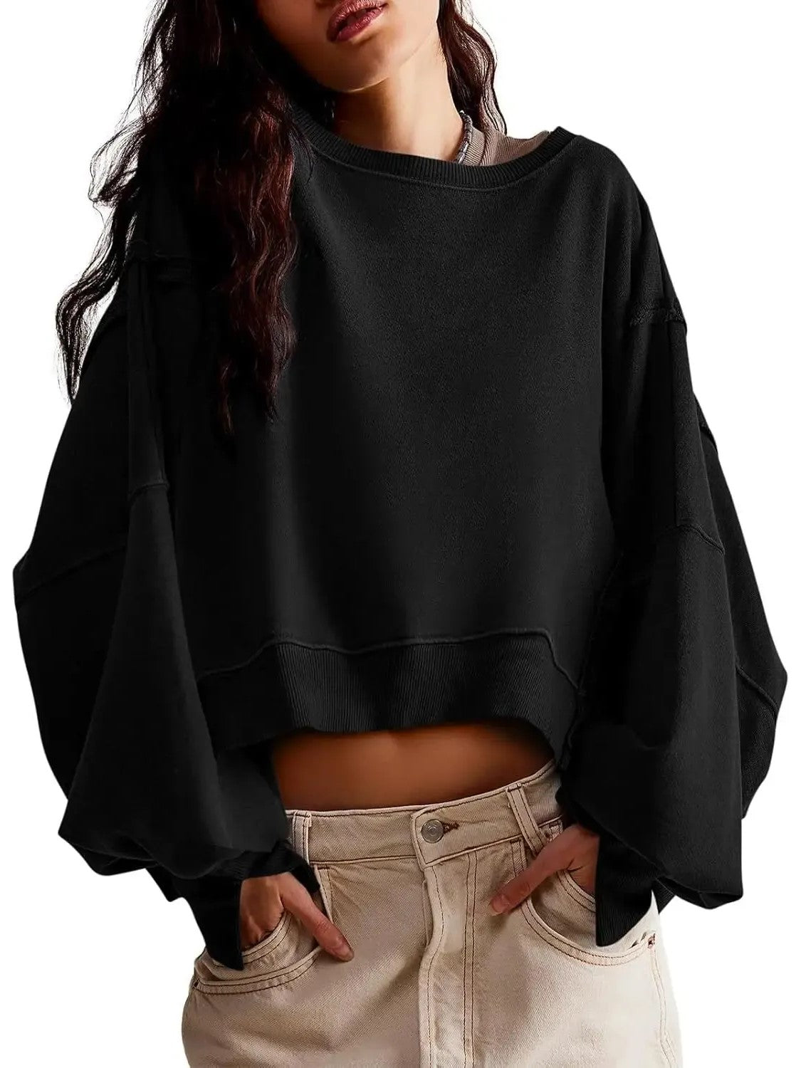 Women's Oversized Batwing‑Sleeve Cropped Sweatshirt