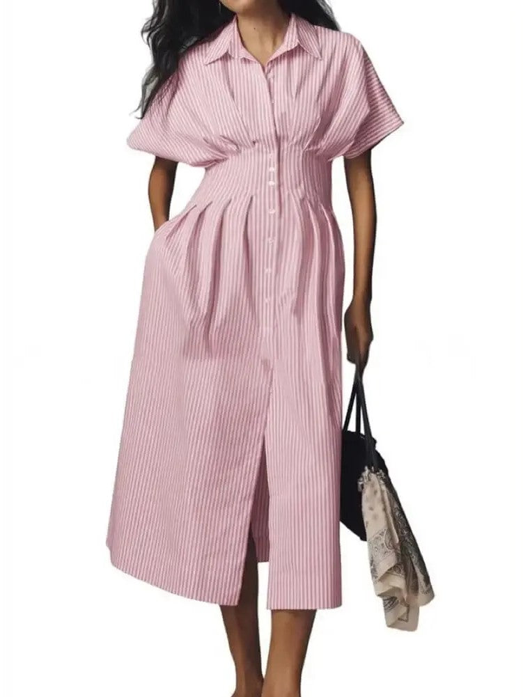 Women's Minimalist Striped Waist-Tucked Shirt Dress