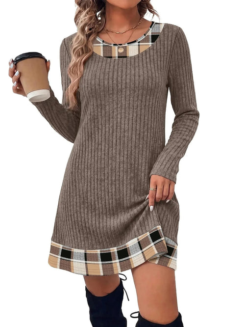 Women's Knit Textured Contrast Collar Tunic Dress