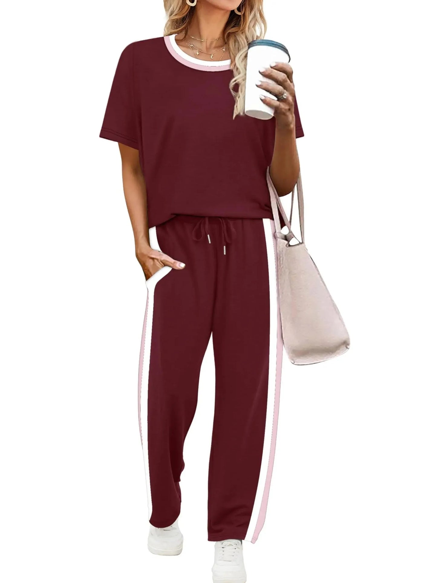 Women's Round Neck Tee & Drawstring Trousers Matching Set