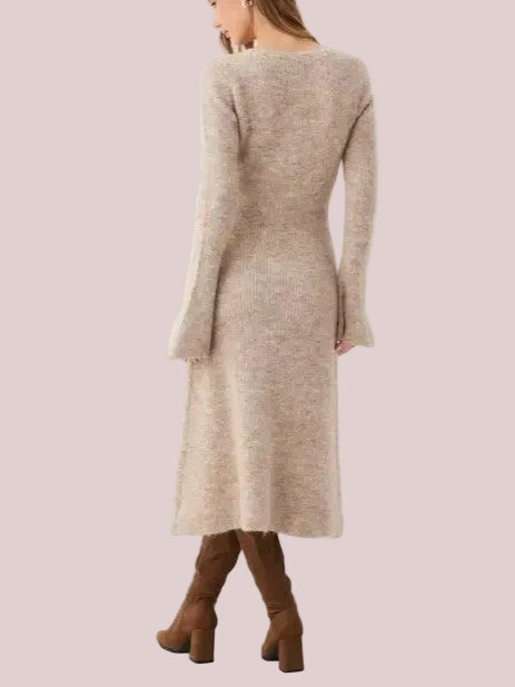 Women's V Neck Flare Sleeve Button Front Knit Midi Dress