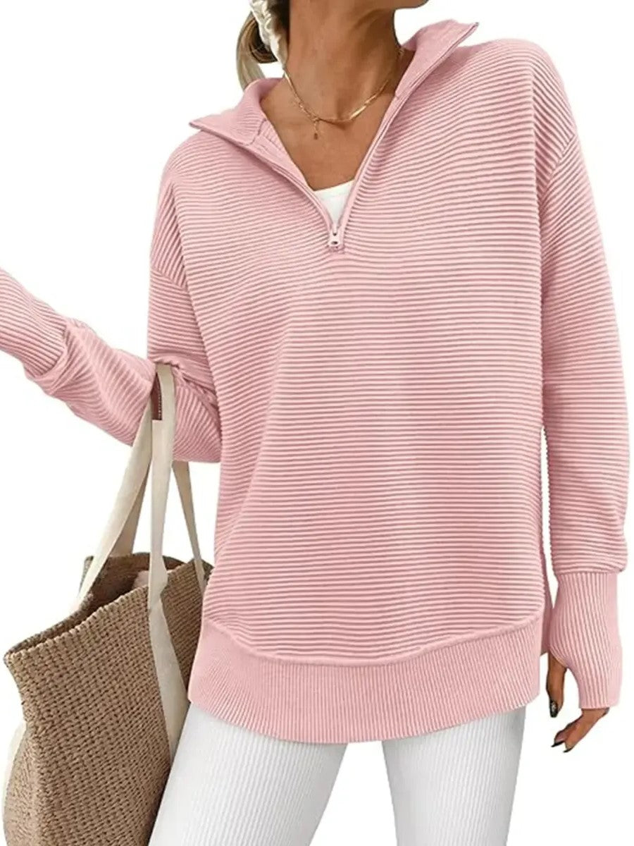 Women's Textured Half‑Zip Collared Top With Thumb Holes