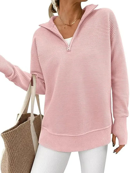 Women's Textured Half‑Zip Collared Top With Thumb Holes