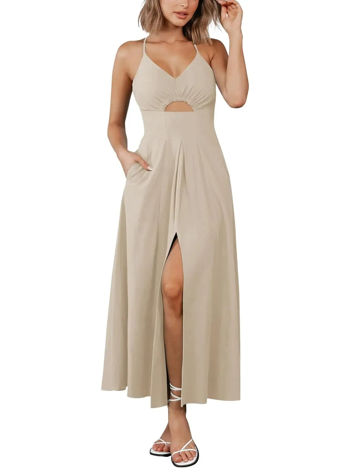 Women's Sleeveless V-Neck Cutout Cami Slit Maxi Dress