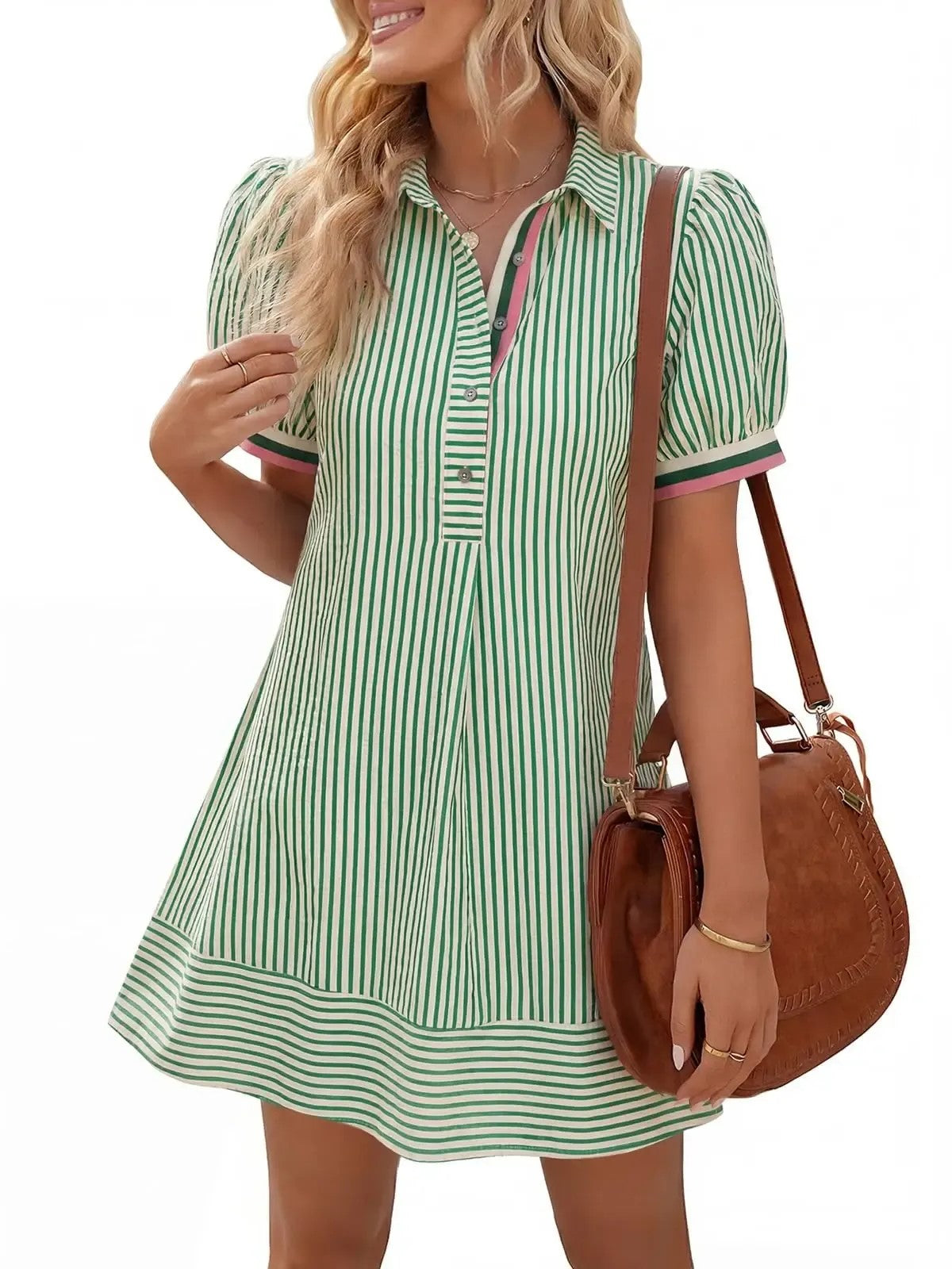 Women's Striped Collared Puff Sleeve Mini Shirt Dress