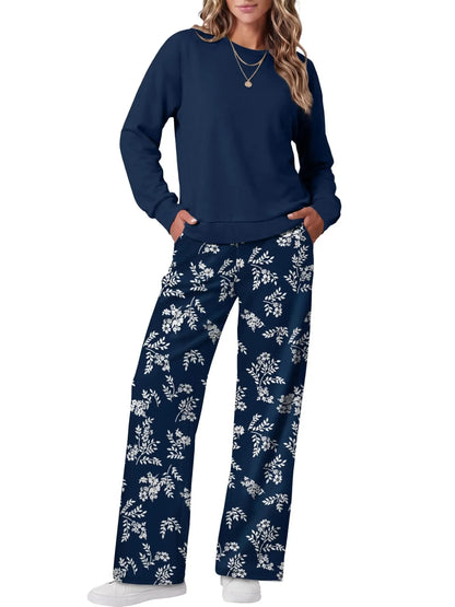 Women's Two-Piece Loungewear Set with Crew Neck Top & Printed Pants