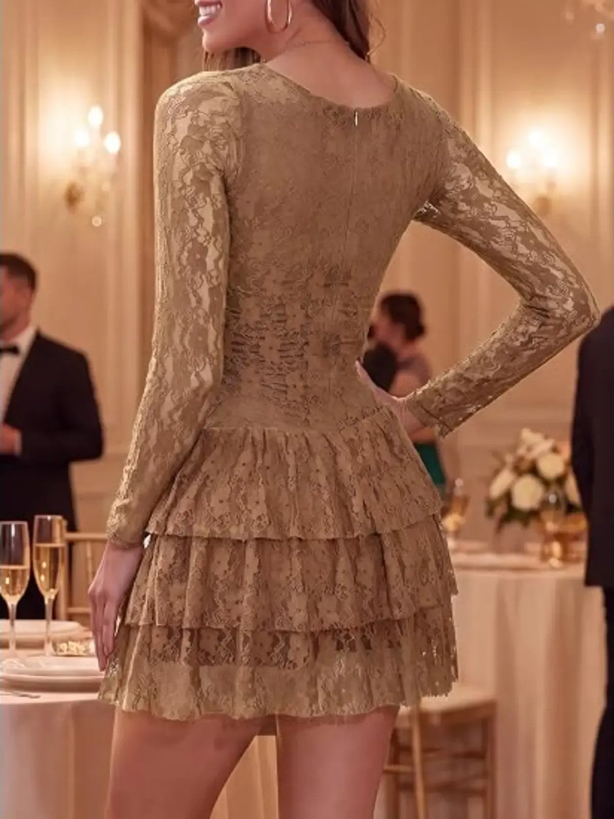 Women's Elegant Lace Long Sleeve Fitted Mini Dress