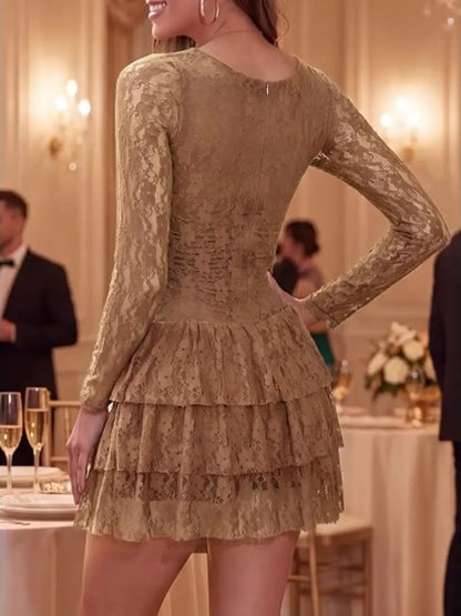 Women's Elegant Lace Long Sleeve Fitted Mini Dress