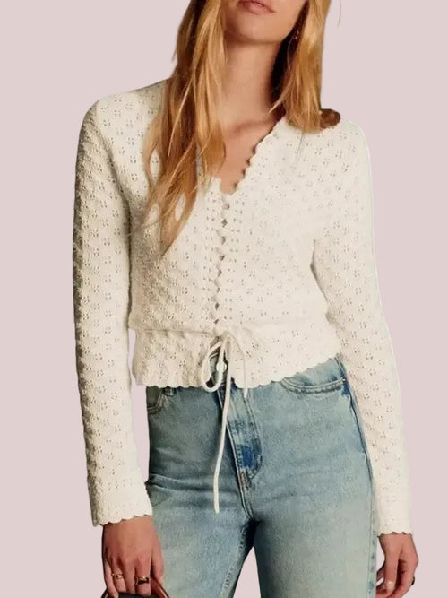 Women's Boho Scallop Trim Eyelet Long Sleeve Tie Waist Crop Shirt