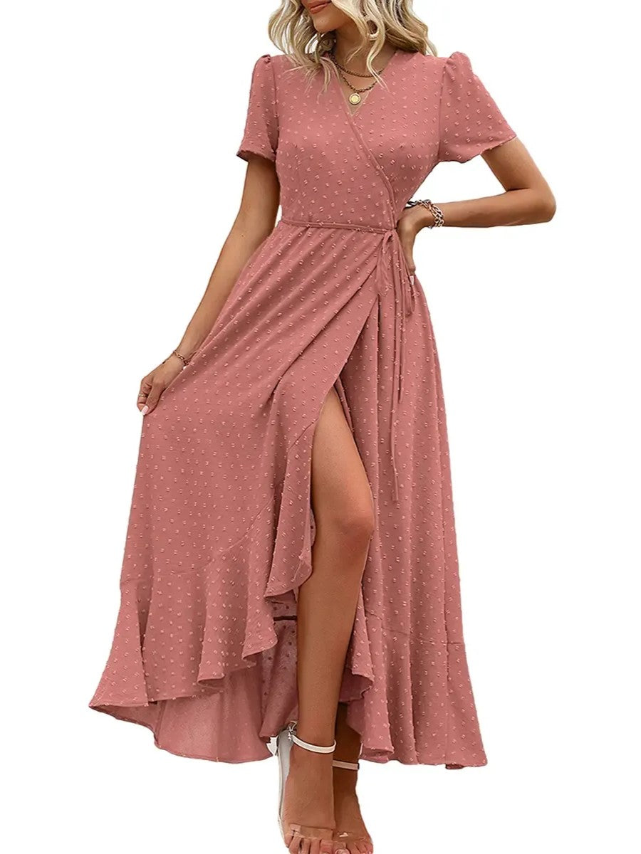 Women's Wrap V Neck Short Sleeve Maxi Dress