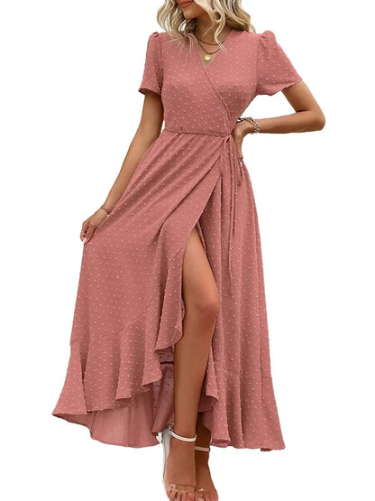 Women's Wrap V Neck Short Sleeve Maxi Dress