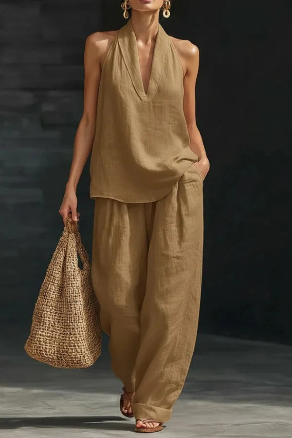 Women's Linen Halter Top & Wide Leg Pants Set