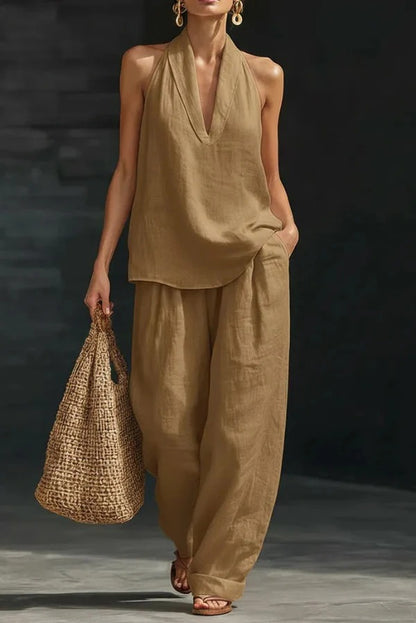 Women's Linen Halter Top & Wide Leg Pants Set