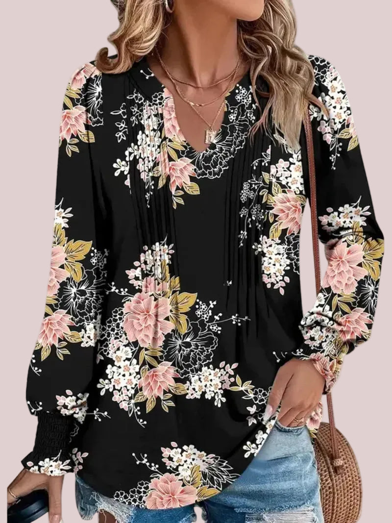 Women's Print Notch V‑Neck Long Sleeve Top