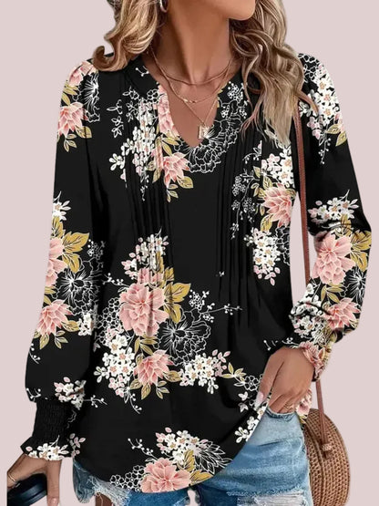 Women's Print Notch V‑Neck Long Sleeve Top