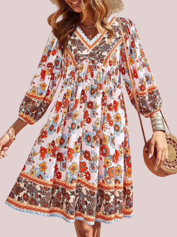 Women's Boho Printed Babydoll Mini Dress