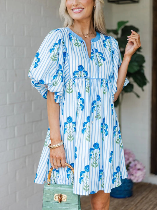 Women's Striped Floral Puff Sleeve Casual Dress