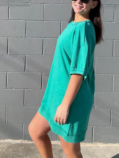 Washed Cotton Crew Neck Casual Mini Dress