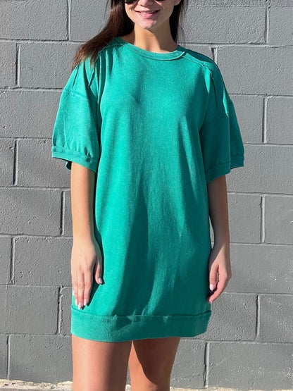 Washed Cotton Crew Neck Casual Mini Dress