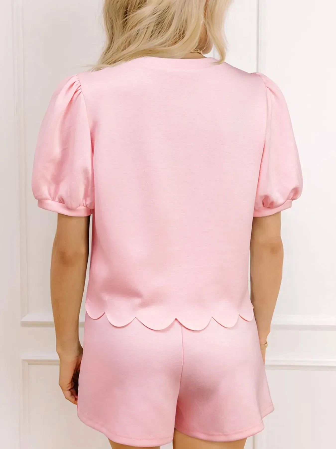 Women's Puff Sleeve Scallop Hem Two-Piece Set