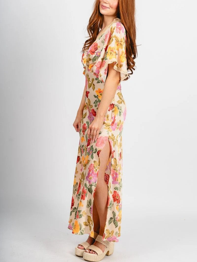 Women's Floral Lace Trim Maxi Dress