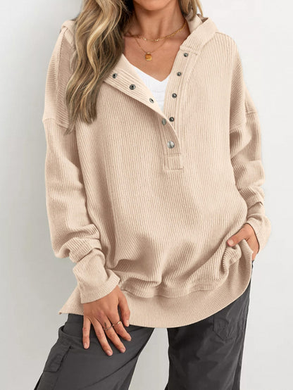 Women's Fashion Long Sleeve Button Up V Neck Hoodie