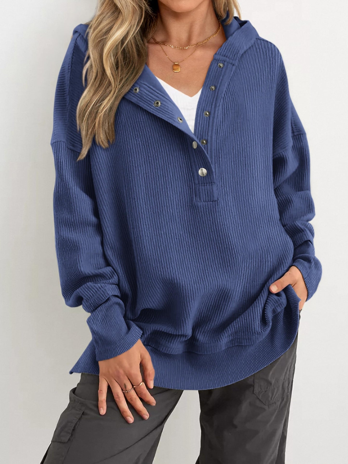 Women's Fashion Long Sleeve Button Up V Neck Hoodie