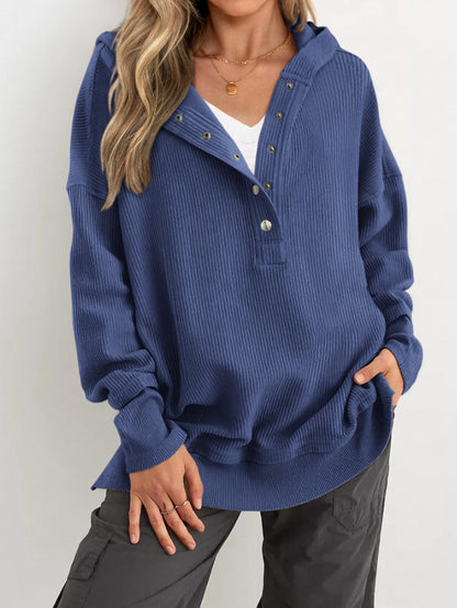 Women's Fashion Long Sleeve Button Up V Neck Hoodie